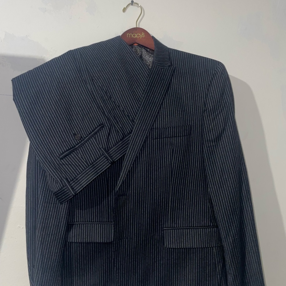 TALLIA 3 piece Black Pinstripe Suit Size 46 Short Pants 36x30